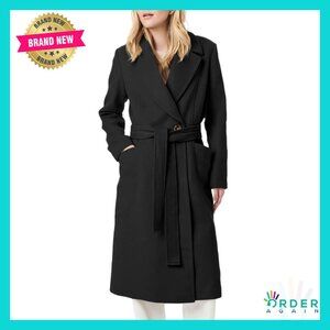 Classic Notch Lapel Pea Coat Wool Blend Elegant Slim Fit Long Overcoat with Belt